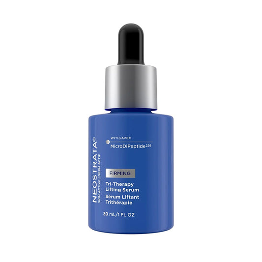 A 30 mL blue dropper bottle of Neostrata Firming Tri-Therapy Lifting Serum with a silver collar and black dropper cap, shown on a plain white background.