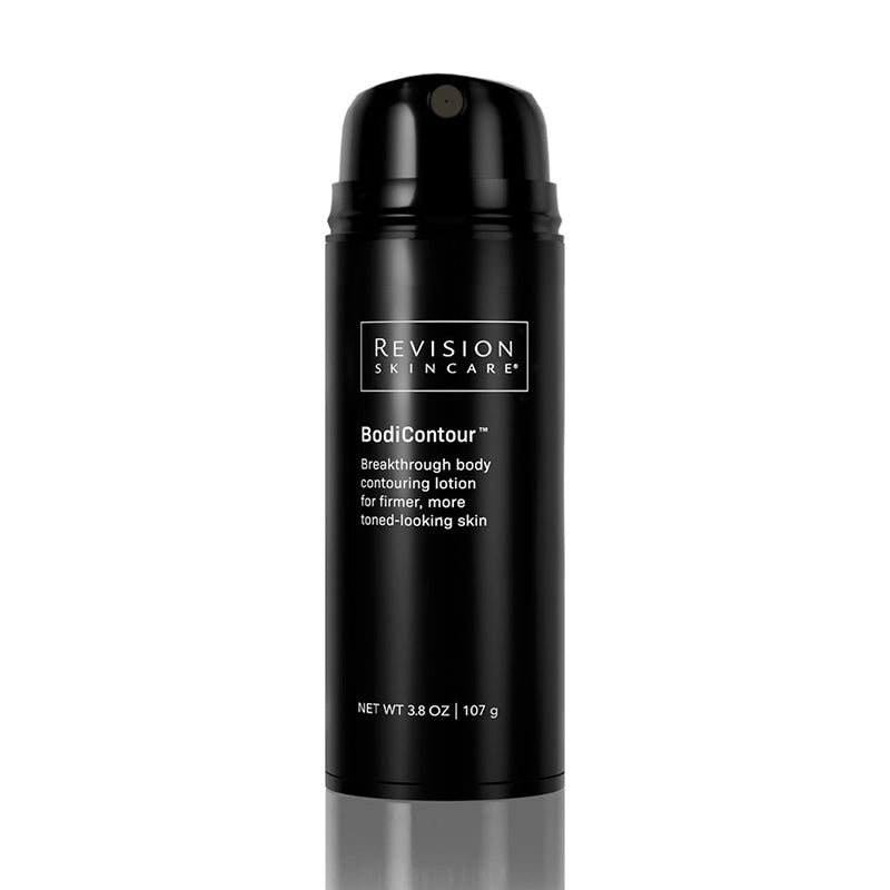 Revision Skincare BodiContour breakthrough body contouring lotion in a matte black cylindrical pump bottle, shown on a clean white background with a subtle reflection.