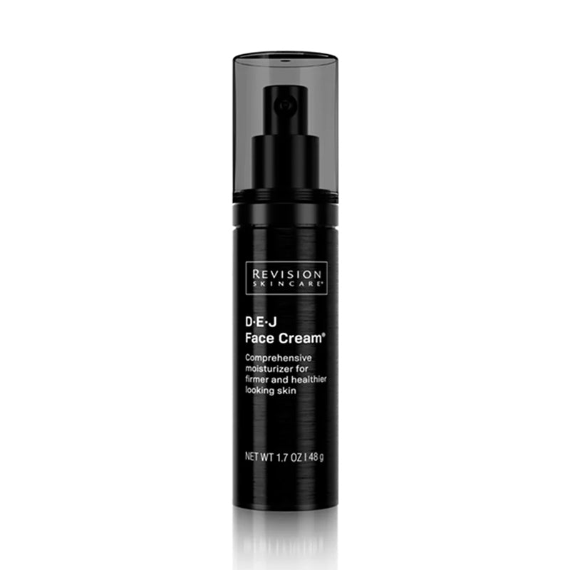 Revision Skincare D:E-J Face Cream in a sleek black cylindrical pump bottle with a translucent dark cap, shown on a clean white background with a subtle reflection.
