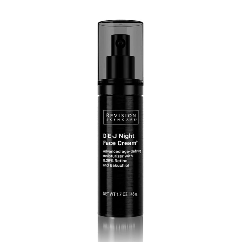 Revision Skincare D-E-J Night Face Cream in a sleek black pump bottle with a clear cap, shown on a white background with a subtle reflection.