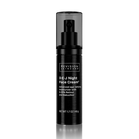 Revision Skincare D-E-J Night Face Cream in a sleek black pump bottle with a clear cap, shown on a white background with a subtle reflection.