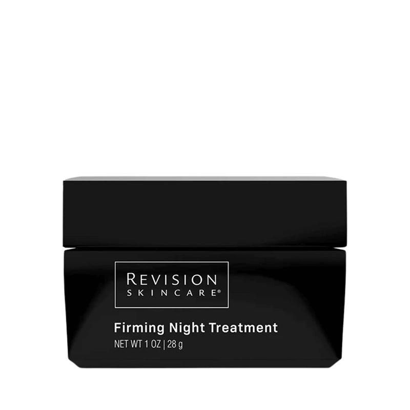 Revision Skincare Firming Night Treatment in a sleek black jar with white text, centered on a plain white background.