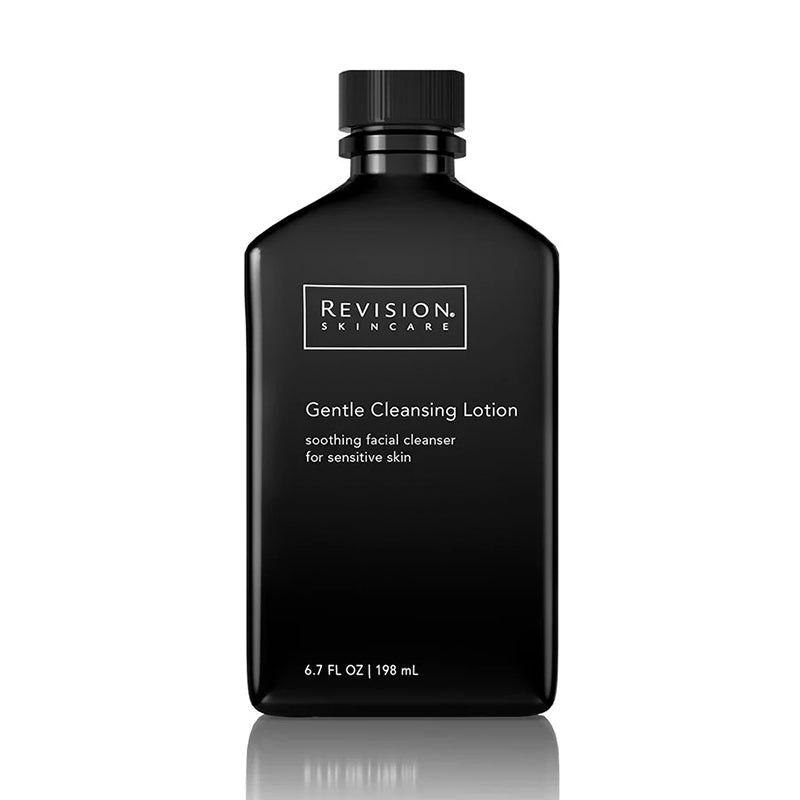 A black bottle of Revision Skincare Gentle Cleansing Lotion on a white background with a subtle reflection below.